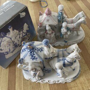 Vintage Colonial Horse Drawn Carriage Figurine Blue & Pink Lot Set 2 Porcelain